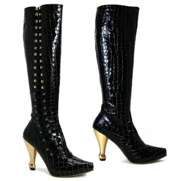 John Fluevog Shoes - John Fluevog Black Croc-Patterned Boots with Gold Details
